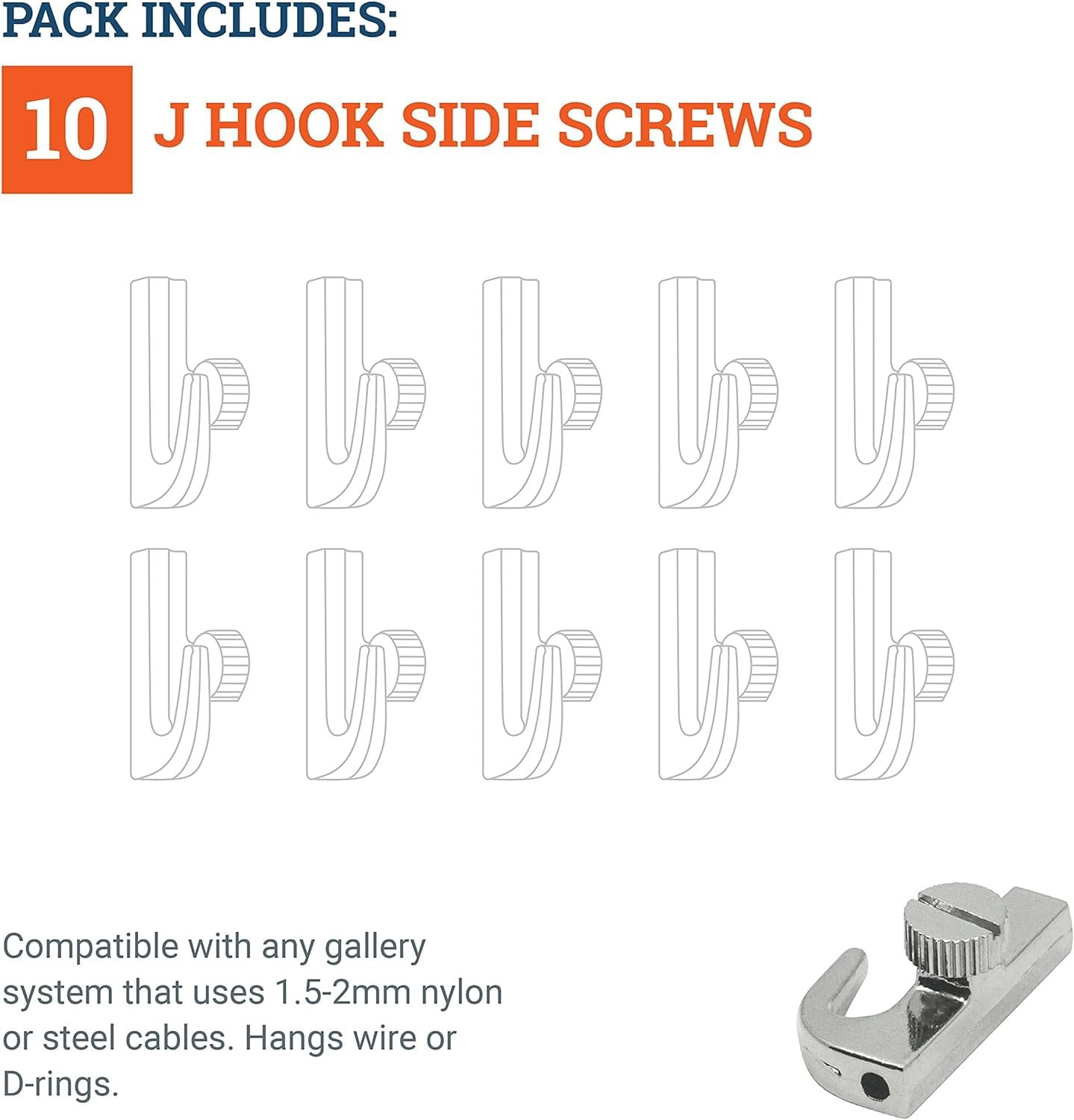 Picture Hang Solutions - Adjustable Hooks for Nylon and Steel Cables - Gallery Hanging System 10 pieces per pack