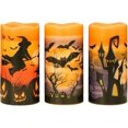 thumbnail image 1 of Halloween Flameless Flickering LED Candles with 6-Hour Timer, Battery Operated Wax Candles Assorted Decals Witch, Bats, Castle Set of 3 for Decoration, 1 of 5