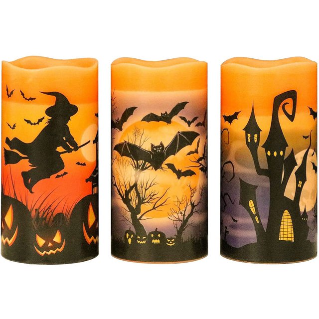 Halloween Flameless Flickering LED Candles with 6-Hour Timer, Battery Operated Wax Candles Assorted Decals Witch, Bats, Castle Set of 3 for Decoration