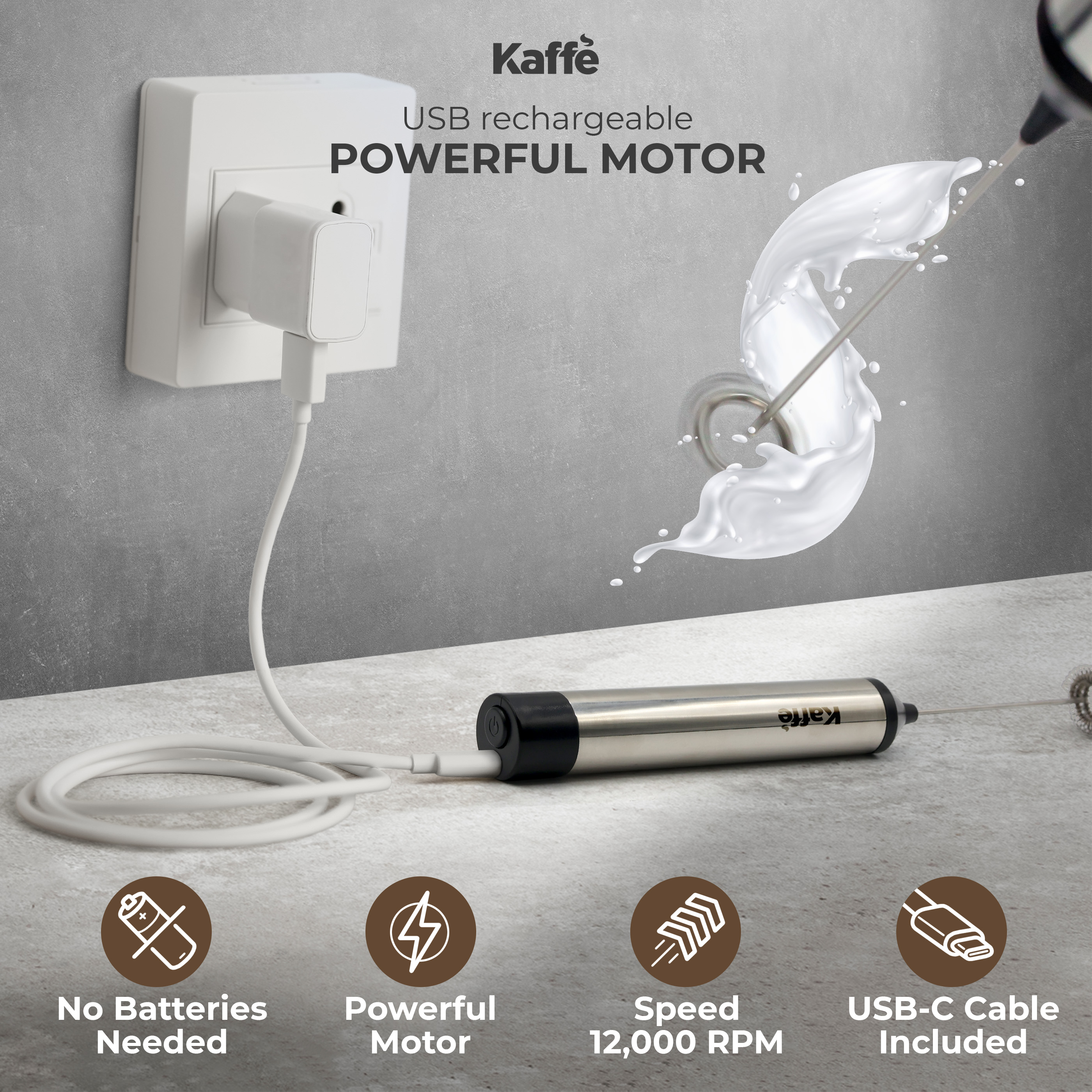 Kaffe Handheld Milk Frother Whisk with Stand Cordless Electric Hand Mixer, Silver
