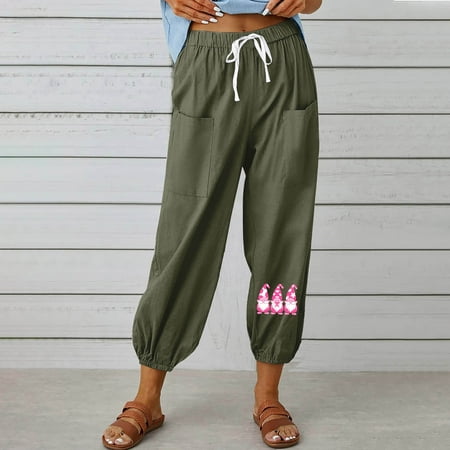 Women s Yoga Joggers Pants Capri Summer Linen 3/4 Pants Casual Loose Pajamas Lounge Pants with Pockets Army Green XXL