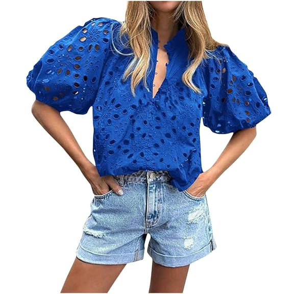 jtjvou Women's Summer Tops 2026 Dressy Casual Short Sleeve V Neck Buttons Hollow Eyelet Lace Embroidered Blouses Shirts Blue L