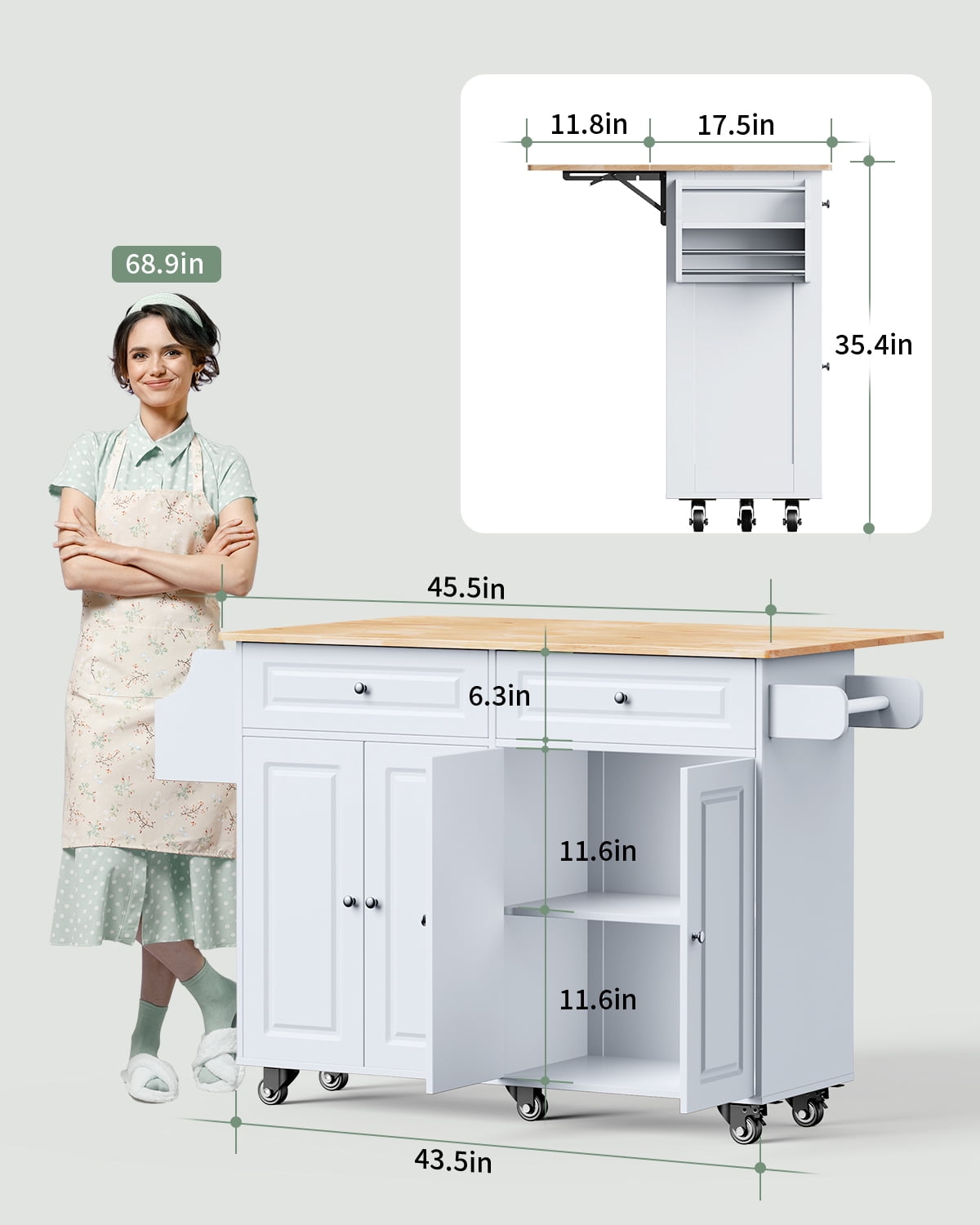 Aiho 45.5'' Kitchen Island Cart with Storage , Rolling Kitchen Island with Folding Drop Leaf Breakfast Bar for Dining Room, White