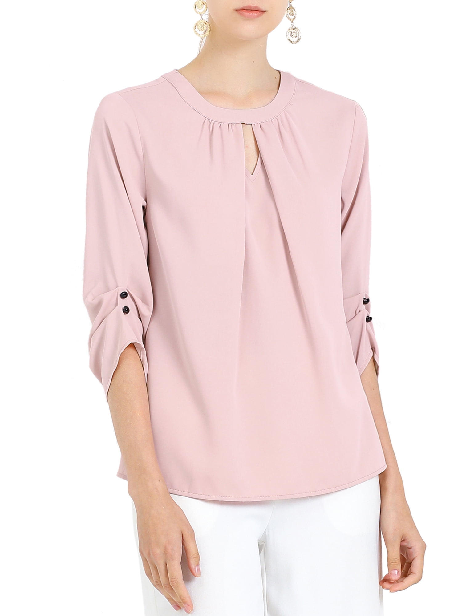 DARING DIVA Round Neck Keyhole Pleated Shirred Work Top S Pink