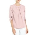 thumbnail image 3 of MODA NOVA Junior's Round Neck Keyhole Pleated Shirred 3/4 Sleeve Blouse Pink XS, 3 of 6