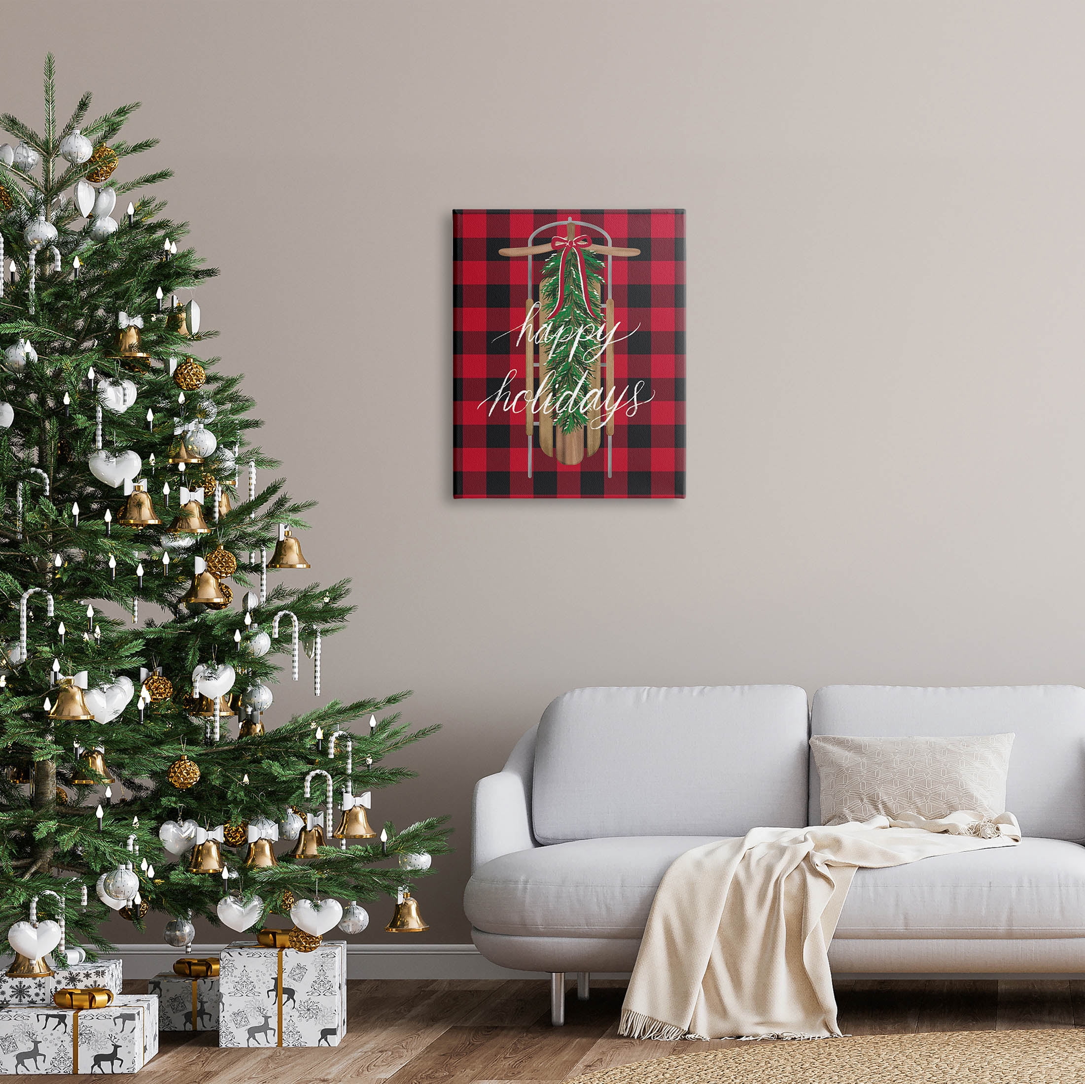Stupell Industries Happy Holidays Tartan Sled Graphic Art Gallery Wrapped Canvas Print Wall Art, Design by Amanda McGee