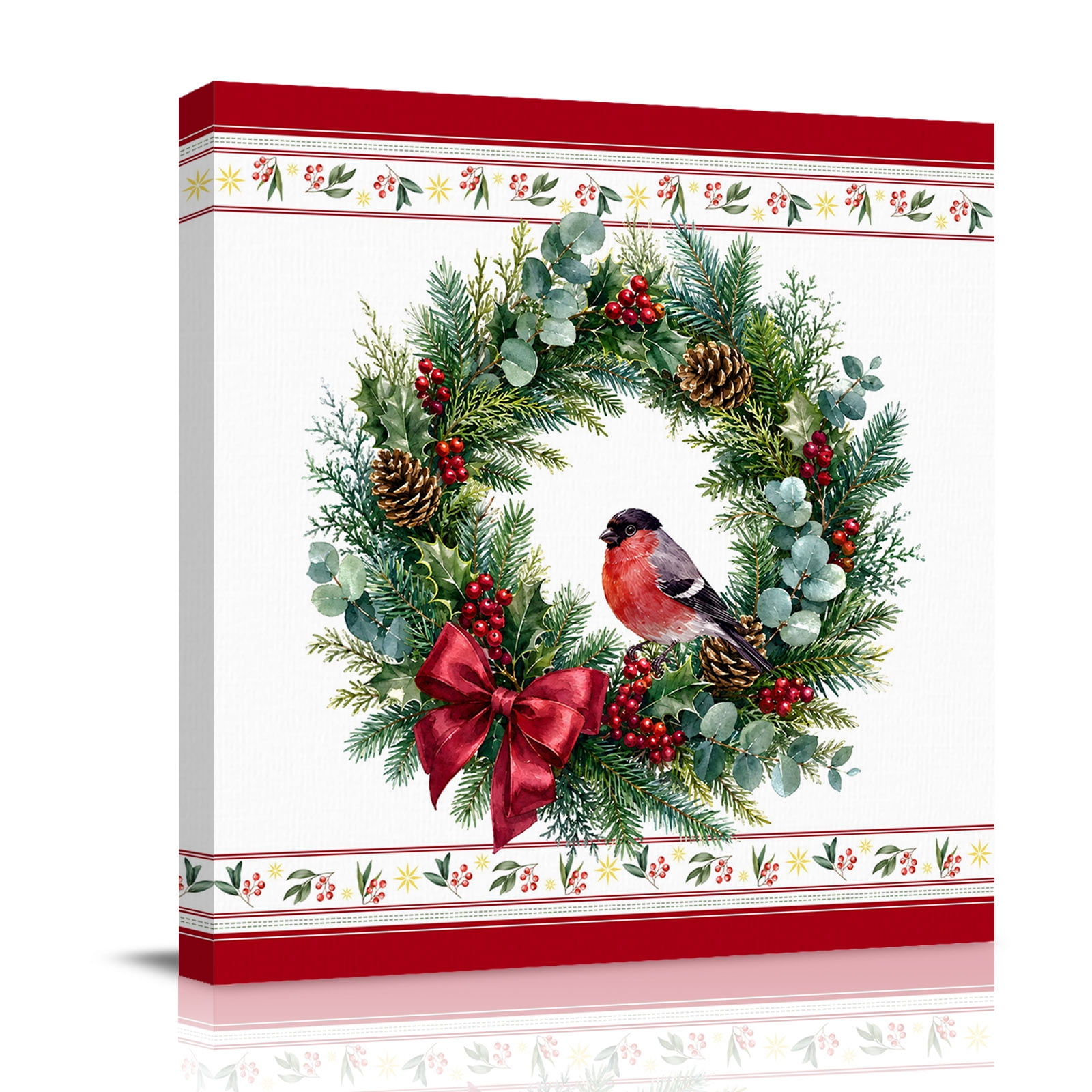 Canvas Wall Art Christmas Framed Canvas Prints for Bathroom Desk Pine Wreath Cardinal Xmas Red Border Winter Small Gallery Wrapped Wall Decor for Home Office Gifts 8 x8 Ship Next Day