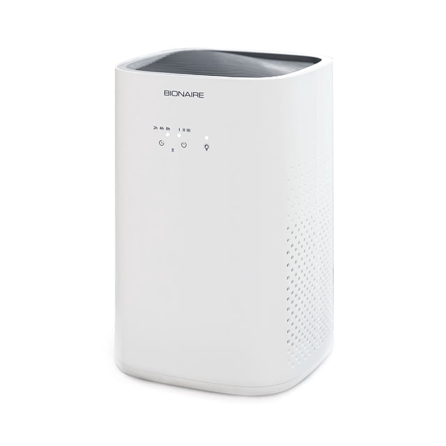 bionaire true hepa 360° purificador de aire para habitaciones medianas, filtro de aire para alérgenos, mascotas y polvo con ajuste silencioso y luz nocturna, 3 velocidades, blanco Vista frontal 3/4 de un purificador Bionaire blanco con salida superior y panel táctil frontal con iconos de temporizador, velocidad y luz nocturna. Carcasa con perforaciones laterales para admisión de aire 360° y base redondeada; sistema de filtración en 3 etapas y modo bajo silencioso ideal para dormitorios; también es adecuado para mantener espacios de almacenamiento pequeños con aire más limpio.