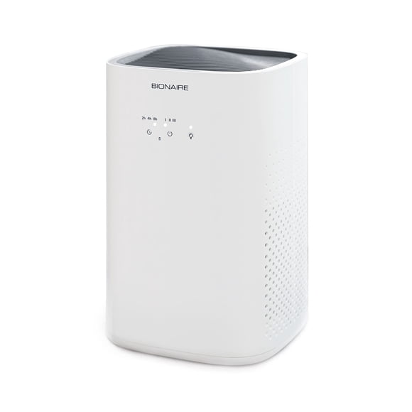 Bionaire True HEPA 360° Purificador de aire para habitaciones medianas, filtro de aire para alérgenos, mascotas y polvo con ajuste silencioso y luz nocturna, 3 velocidades, blanco