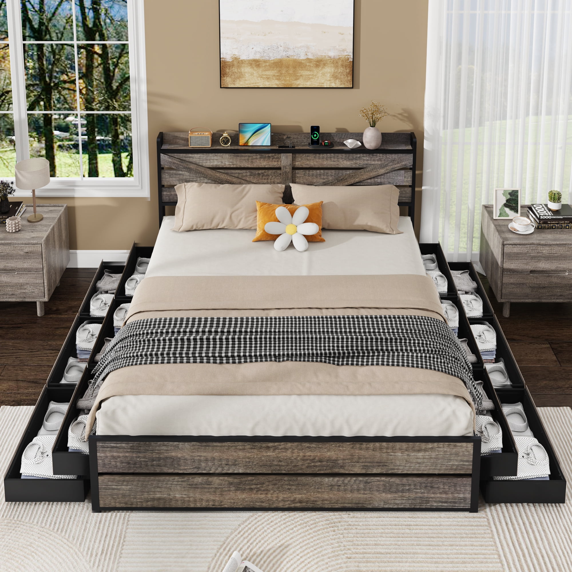 Yoneston King Bed Frame with Charging Storage Headboard and 12 Drawers, Farmhouse Metal Platform Bed No Box Spring Required, Brown