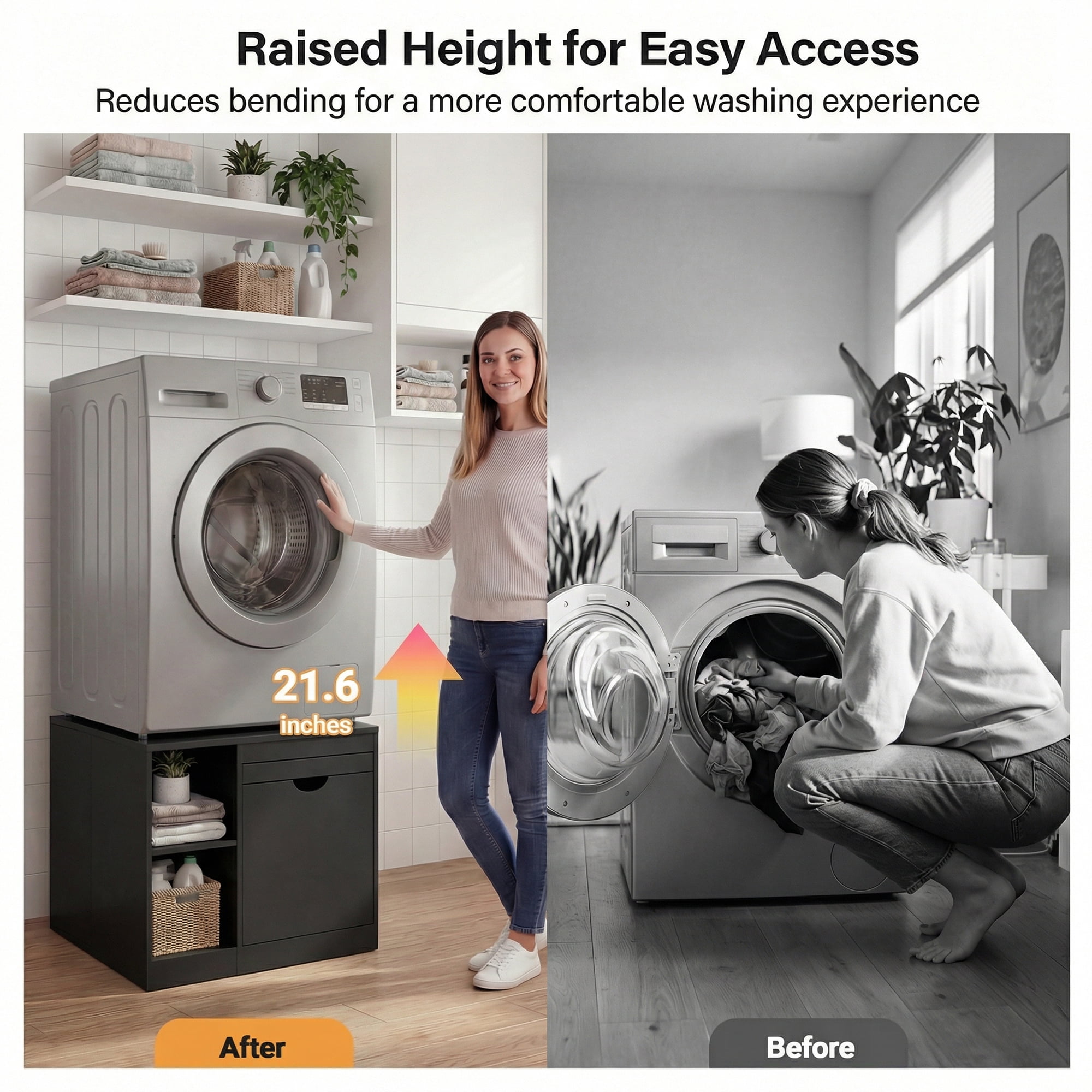 Advwin 29" Washer and Dryer Pedestal, Heavy Duty Washing Machine Stand with Laundry Basket Shelf, Large Drawer, Storage Shelf & Cabinet, Universal Fit Anti-Vibration Laundry Pedestal, Black