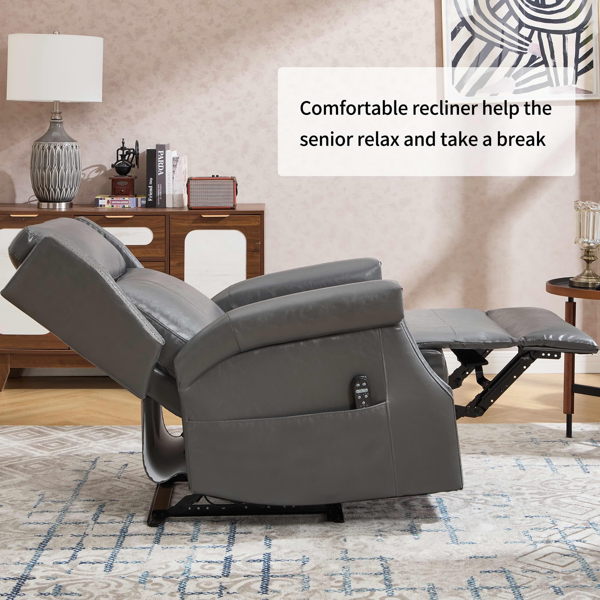 MAYEERTY Gray Faux Leather Manual Recliner Chair, 8 Nodes Massage Heat 155° 35"x38"x40" for Living Room