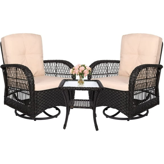 MEETWARM 3 Pieces Outdoor Wicker Swivel Rocker Patio Set, Rocking Chairs Rattan Patio Furniture Sets with Thickened Cushion and Glass-Top Coffee Table, Conversation Bistro Set for Porch