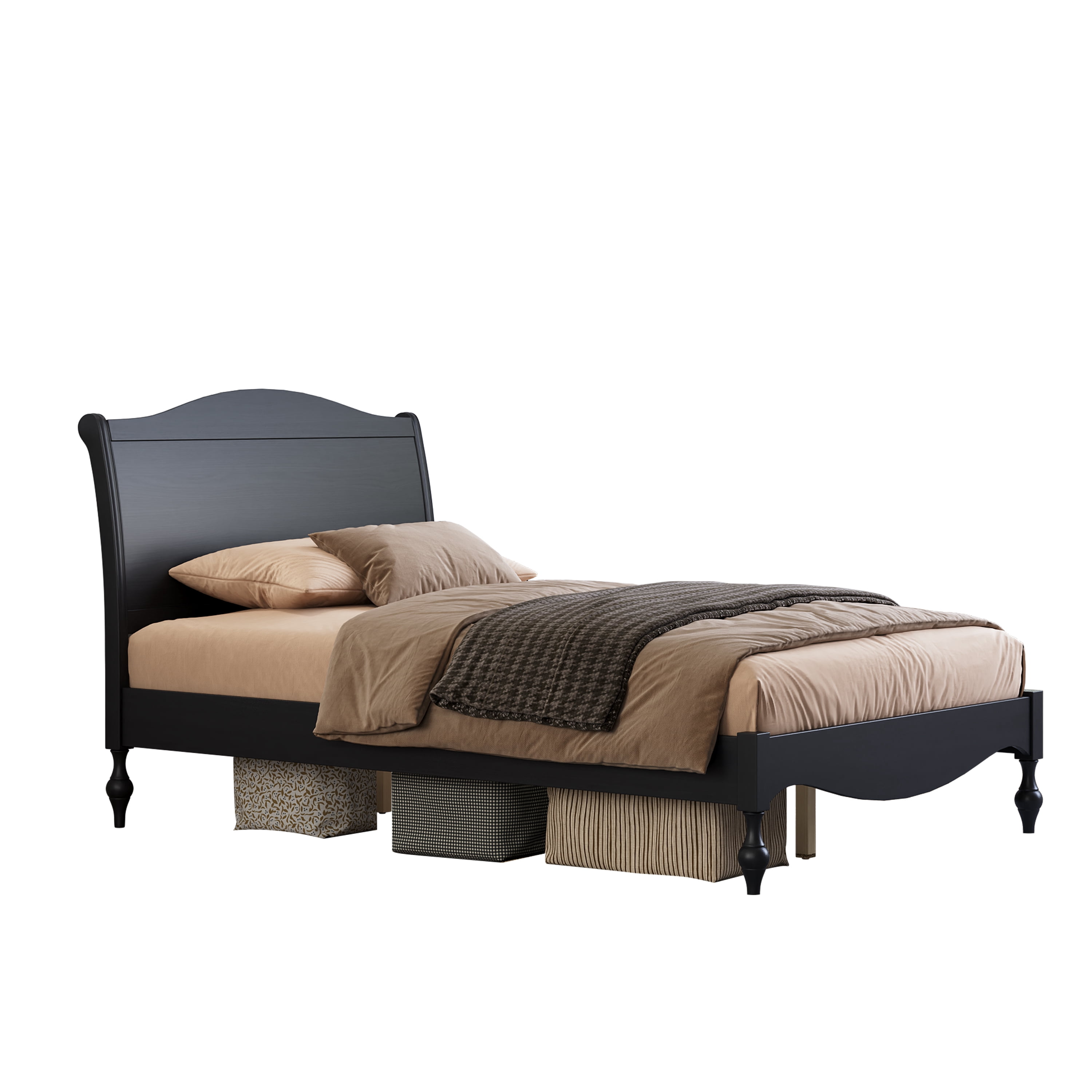 Euroco Wood Full Size Platform Bed with Traditional Arched Headboard, Vintage Bed Frame, No Box Spring Needed, Black