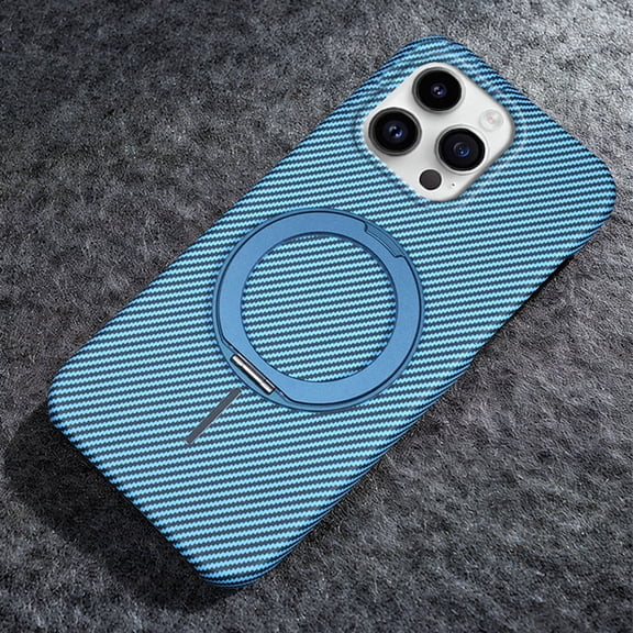 Luxury Carbon Fiber Case for iPhone 16 Pro Max, Magnetic Compatible Slim Cover with 360° Invisible Ring Stand, Lightweight Shockproof Protective Phone Case - Blue