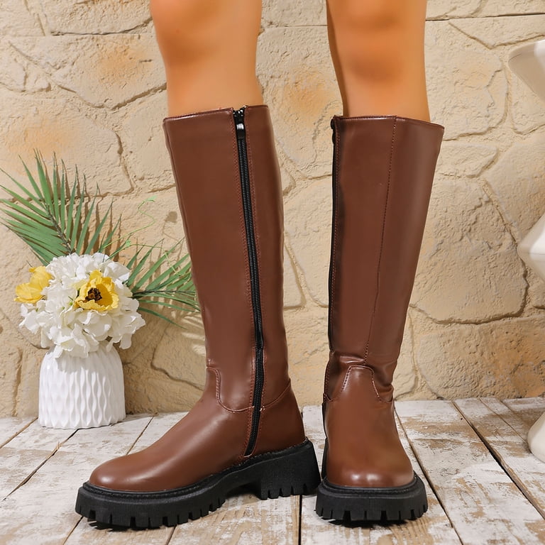 Dakaela Knee High Boots Women Leather Fashion Platform Tall Riding Boots Stretch Low Heel Wide Calf Dress Long Boot Beige 9 Dakaela Knee High Boots Women Leather Fashion Platform Tall Riding Boots Stretch Low Heel Wide Calf Dress Long Boot Beige 9