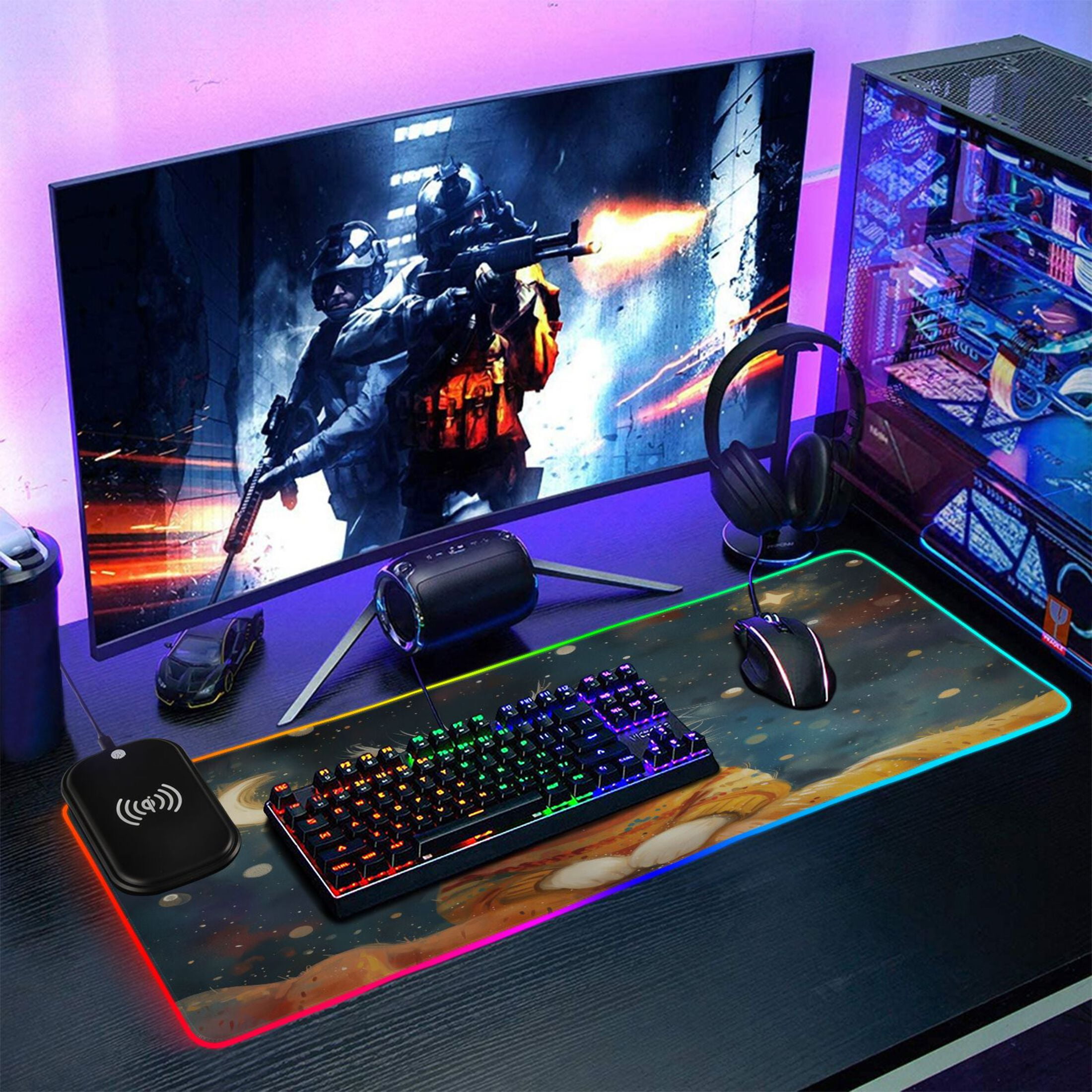 Wireless Charging Mouse Pad Large RGB Gaming Desk Mat 13 Light Modes Mousepad 31.5x11.8 Lovely Cat and Moon Star
