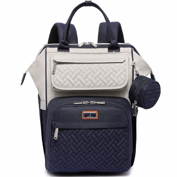 BabbleRoo Widetop Waterproof Diaper Backpack with Insulated Bottle Pockets, Vegan leather- Stone Gray & Blue