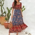 thumbnail image 5 of up to 60% off Gifts Usmixi Formal Dresses for Women Short Sleeve Square Neck Western Print Summer Maxi Dresses Puff Sleeve Ruffle Swing Vintage Beach Bohemian Dress Blue S Up to 65% off, 5 of 7