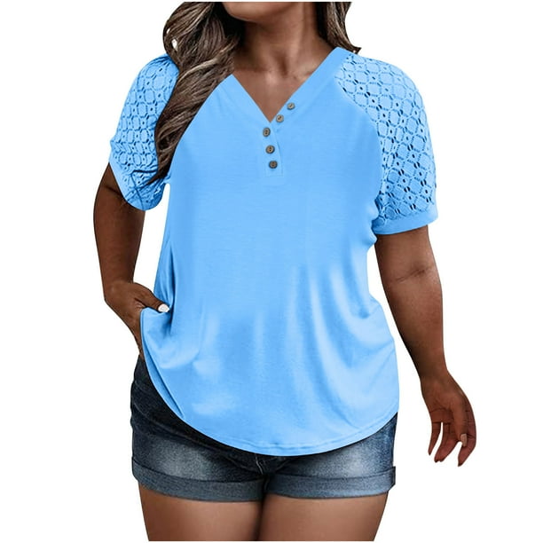 Tamaño Más Manga Corta Tops para Mujeres Verano Color Sólido Puff Manga Corta Suelta Moda Cuello Redondo Top