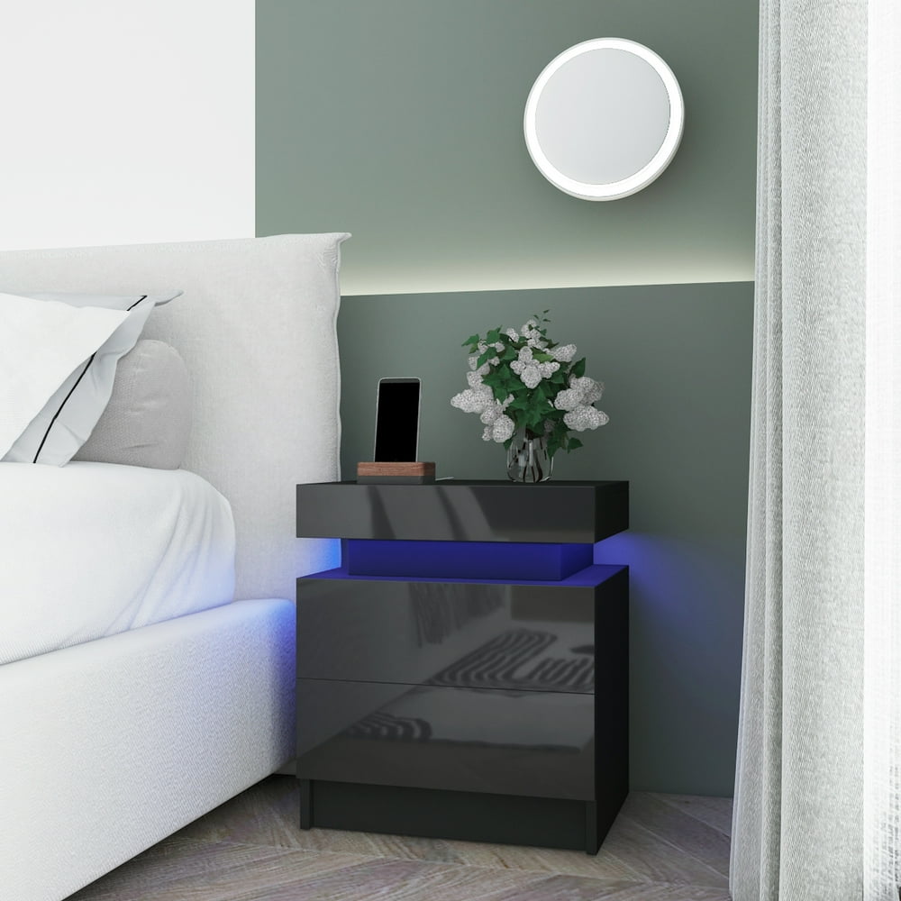 High Gloss Nightstand with 2 Drawers, RGB LED Light White