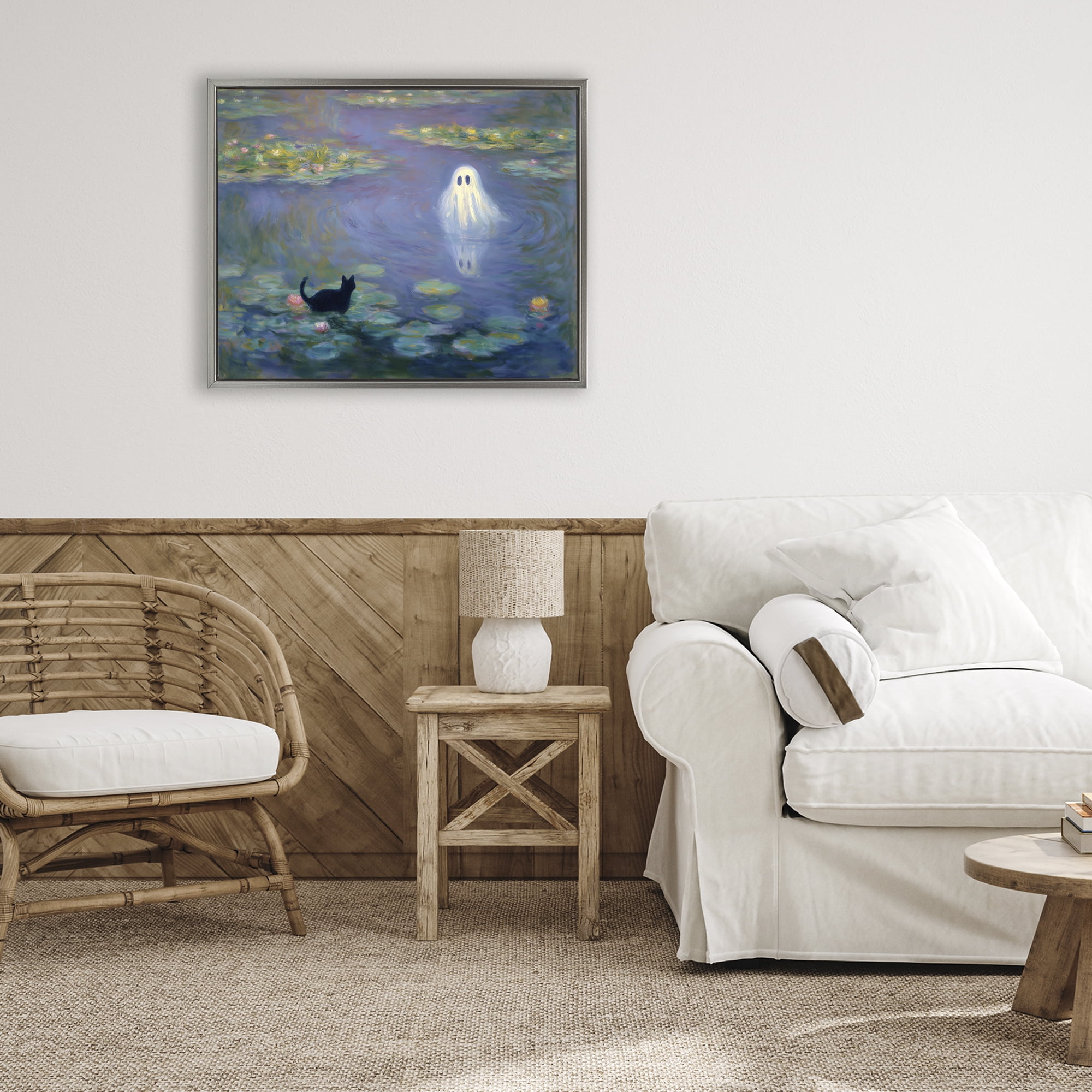 Water Lilies with Ghost & Kitty Gray Framed Floater Canvas Wall Art, design by Arlington Prints