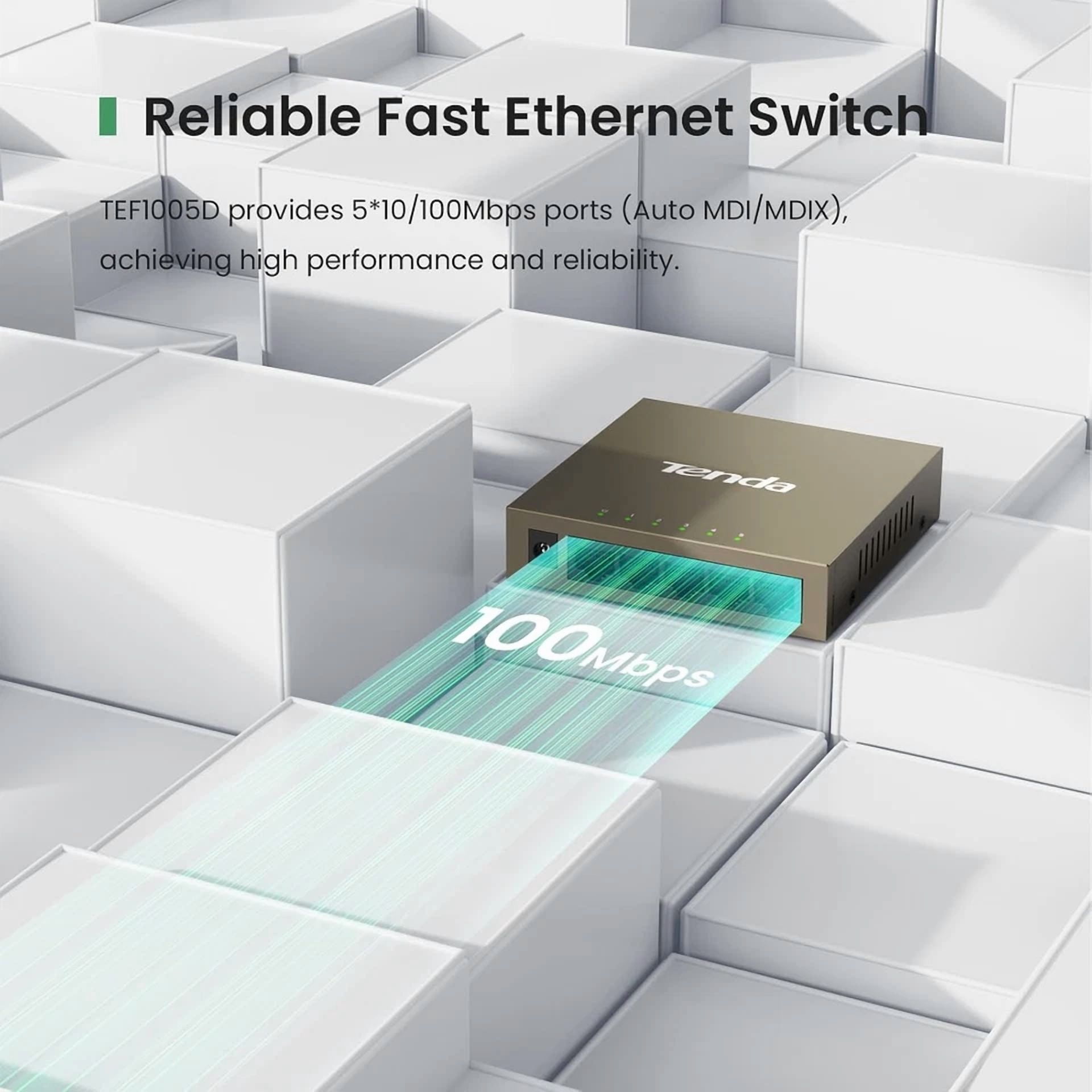 CRESTIN- Tenda Tef1005D, 5-Port 10/100Mbps Fast Ethernet Unmanaged Switch, Network Hub, E