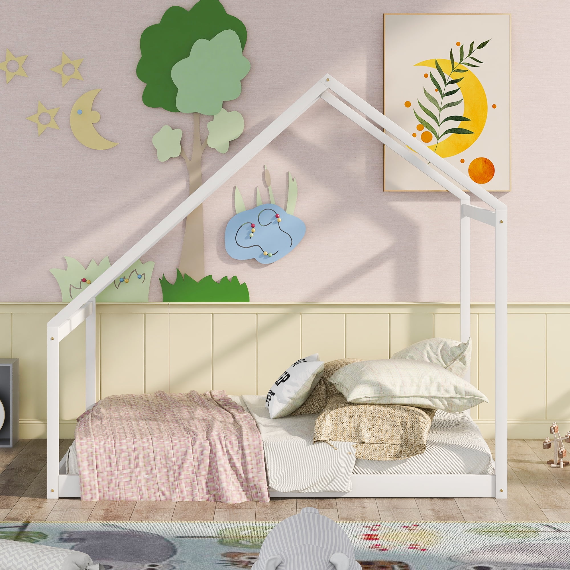 Aukfa Full Size House Bed for Kids, Platform Bed with Roof, Wood - White