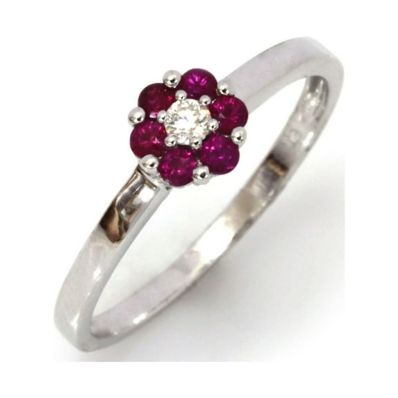 0.33 ctw Natural Red Ruby and Diamond Cluster Flower Ring in 10k White Gold