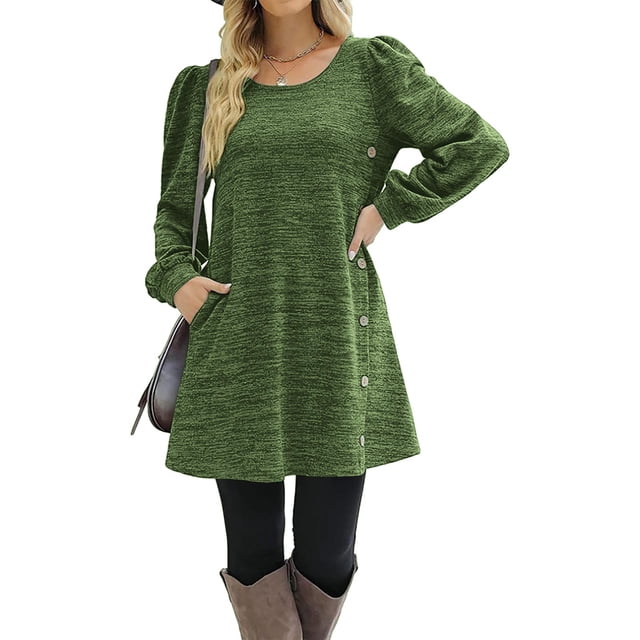 TopLLC Robe Mi-Mollet à Manches Longues Col Rond Mode Décontractée Couleur Unie Robe Mi-Mollet à Manches Longues Robe Femme en Solde