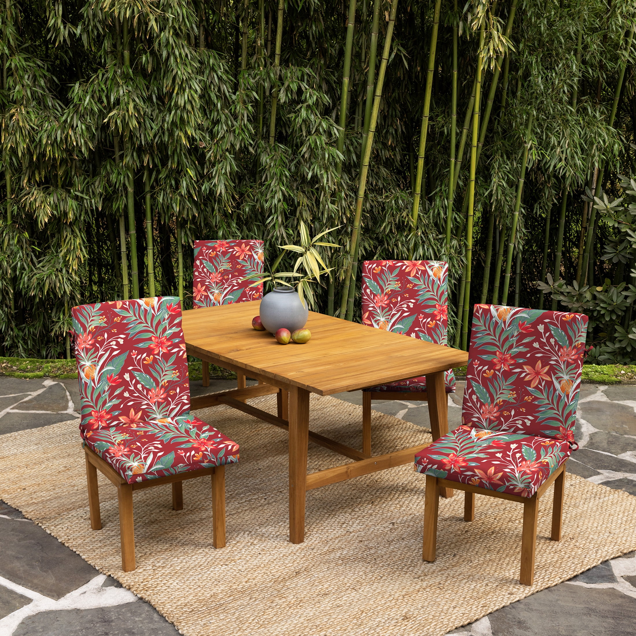 ARDEN 4-Pack earthFIBER Outdoor Patio Dining Chair Cushion, 20x44, Rain-Proof Seat Pad, Fade-Resistant Outdoor Cushion Luau Red Tropical Floral