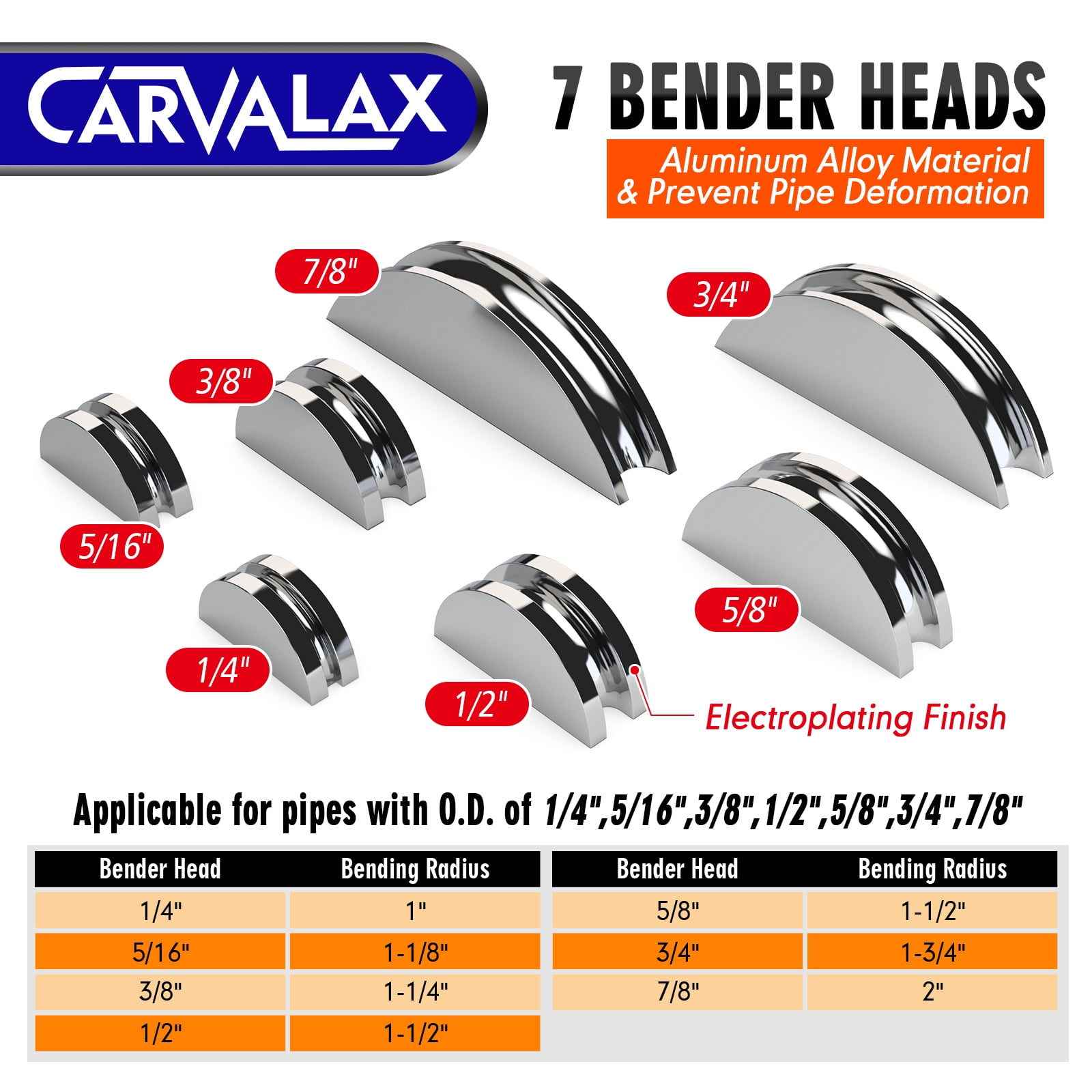 Carvalax Aluminum Pipe Tube Bender Set with 7 Electroplated Bender Heads, for 1/4” to 7/8” O.D, 90° Ratcheting Tubing Bender w/Reverse Bending Adapters, for HVAC, Air Conditioning, and Hydraulic Work