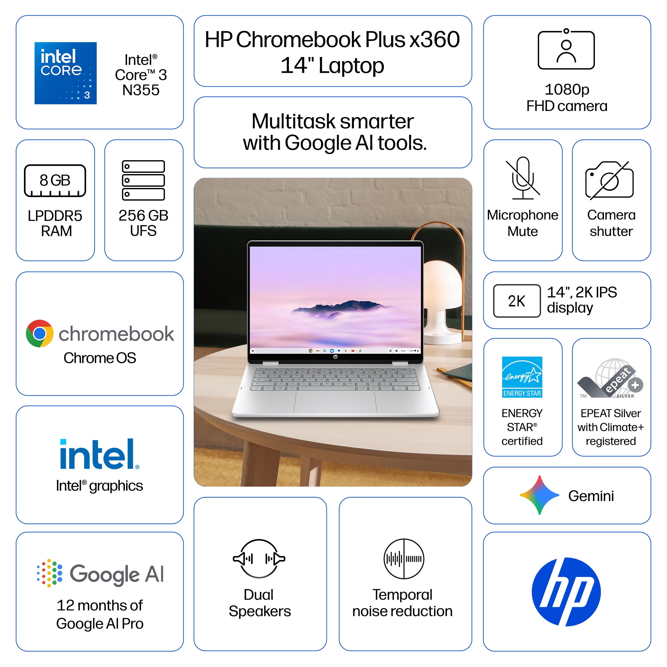 HP Chromebook x360 Plus 14 Laptop PC 2K Chrome OS Intel Core 3 8GB 256GB Glacier Silver with Gemini