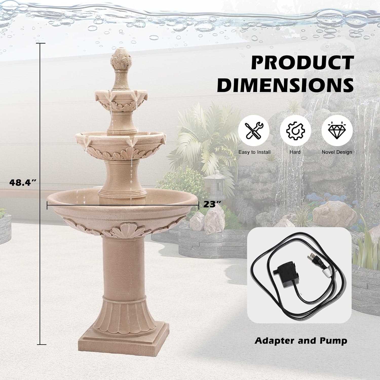 Grepatio Italian Outdoor Water Fountain, 48" H Waterfalls with Pump, 3-Tier Roman Pillar Garden Fountain, Indoor/Outdoor Modern Floor Standing Water Fountains for Garden, Patio, House Decor