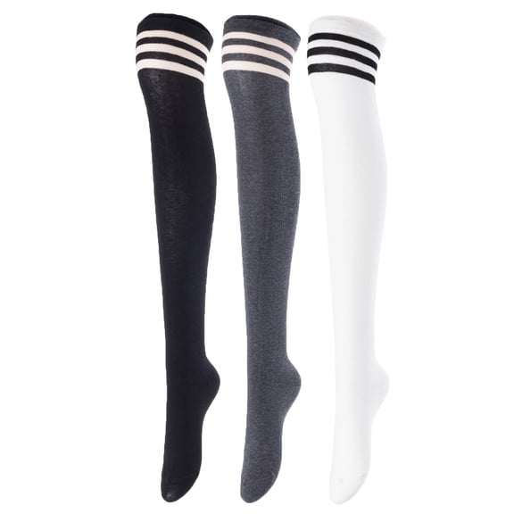 Lovely Annie Big Girl's Women's 3 Pairs Over Knee High Thigh High Cotton Boot Socks Size 6-9(Black, Dark Grey, White) L1022-3c11