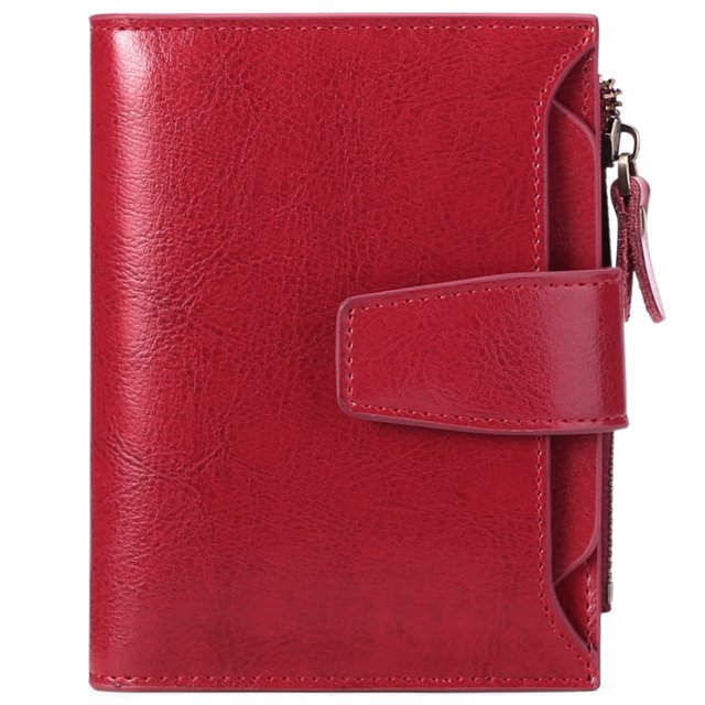 Cartera Pequeña Brillar de Piel Auténtica Plegable Compacta con Bloqueo RFID Color Rojo