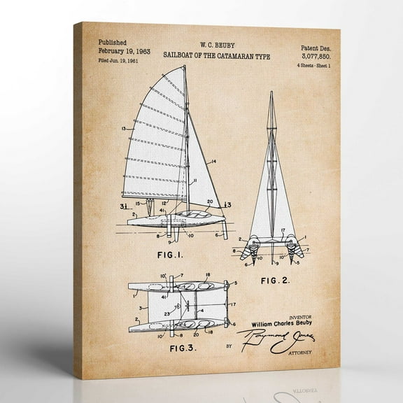 Nautical Wall Decor, Sailboat Wall Art, Sailboat Patent Canvas Print, Ready To Hang for Living Room Home Wall Art, C2353-16x20