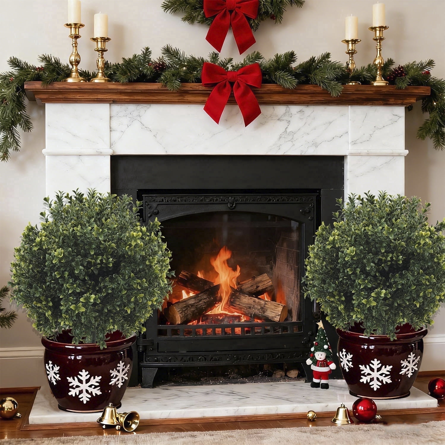 29 Inch Artificial Boxwood Topiary Tree with Ground Spike, Set of 2 Artificial Shrub Bushes, Fake Evergreen Tree for Porch, UV Resistant Artificial Plants for Indoor & Outdoor Planters