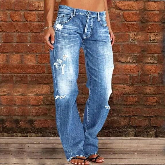 IDALL Jeans for Women Barrel Jeans Women Straight Leg Jeans For Women Ripped Hem Low Waisted Jeans For Women Baggy Jeans Ripped Jeans Blue XL