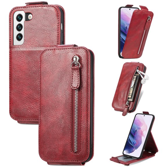 SaniMore for Samsung Galaxy S22 Magnetic Closure Top & Bottom Flip Wallet Case, Premium PU Leather Cover with Car Mount Card Slot & Adjustable Kickstand Full Body Protective Shell, Red