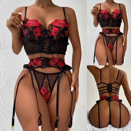 

Fiudx Women Exquisite Mesh Lingerie Bra+Garter+Briefs Set Babydoll Cut-Out Sleepwear 877