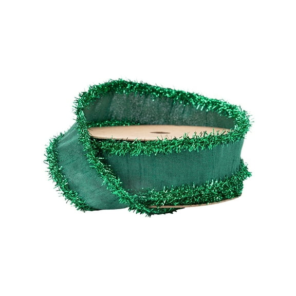 LaRibbons 1" Wired Dupioni Ribbon, Dark Green w/ Dark Green Tinsel Edging, 10 Yard Roll