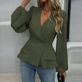 thumbnail image 6 of Lenpel Women's Business Casual Peplum Tops Lantern Long Sleeve Wrap Deep V Neck Layered Button down Shirts Dressy Work Blouses(Army Green,XX-Large), 6 of 7