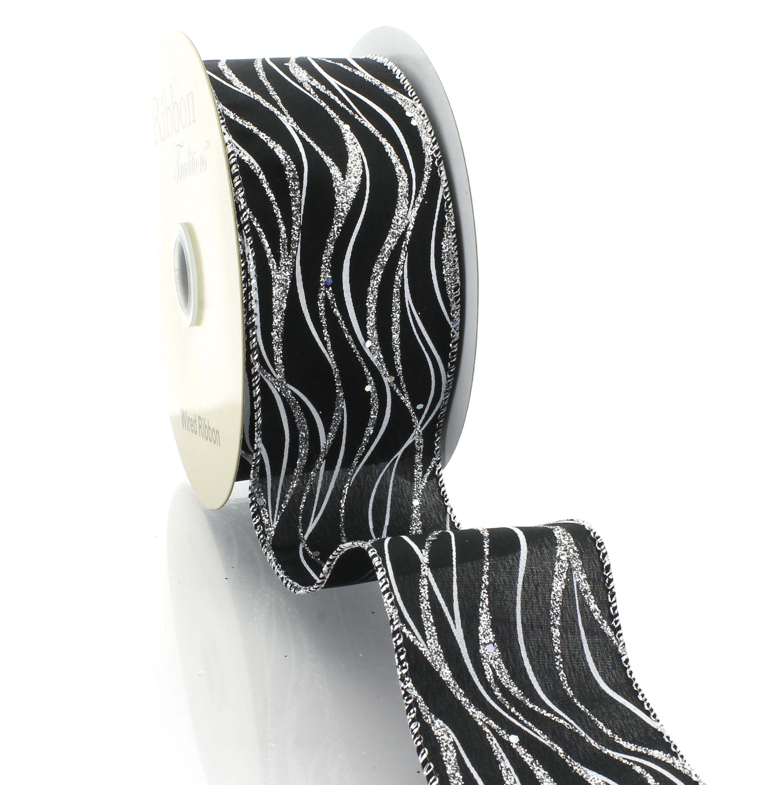 Ribbon Traditions 2 1/2" Wired Ribbon Black - Silver Glitter Wave - 25 Yards
