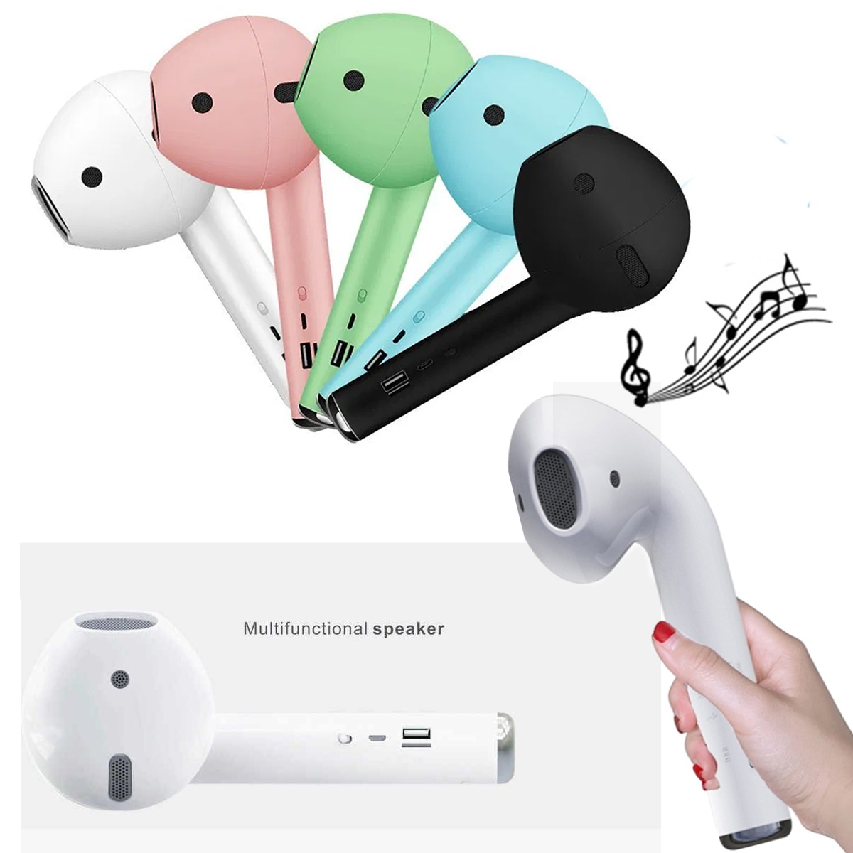 Giant Wireless Bluetooth Air Pod Shaped Speaker FM Radio AUX Microphone - Black