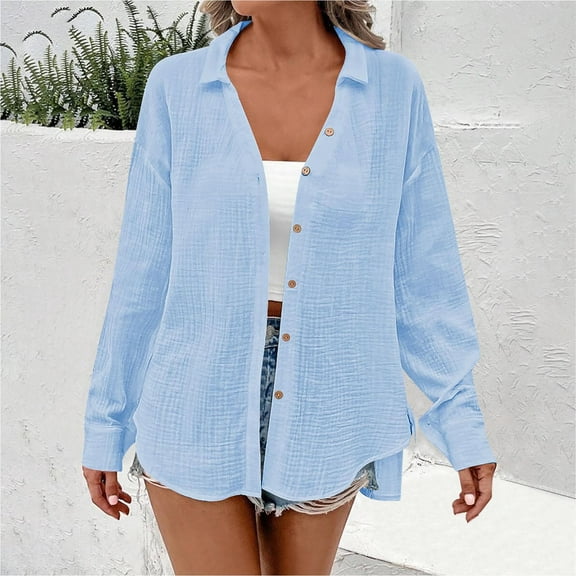 Byworldtasic Women's Collared Shirt Womens Button Down Shirts Long Sleeve V Neck Casual Work Blouse Tops 2025 Trendy Fall Shirts Blue