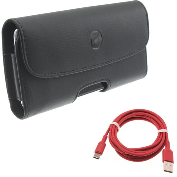 Red 6ft USB-C Cable w Leather Case Belt Clip for Samsung Galaxy A73 5G,A13 5G,A03s Phones - Charger Cord Power Wire Type-C, Holster Cover Pouch Loops