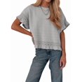 thumbnail image 2 of Women's Knit Crochet Short Sleeve Round Neck Ruffled Hem Pullover Fall Sweater for Casual Summer Gray M, 2 of 8