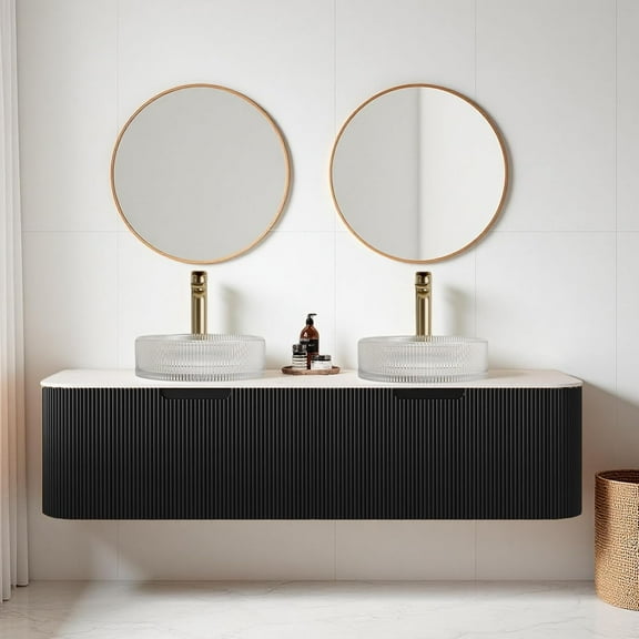 60" Floating Bathroom Vanity with Double Sink, Modern Bathroom Vanities with Round Crystal Glass Basin and Marble Countertop, Soft-Closing Drawer, Solid Wood Pre-Assembled Cabinet, Black