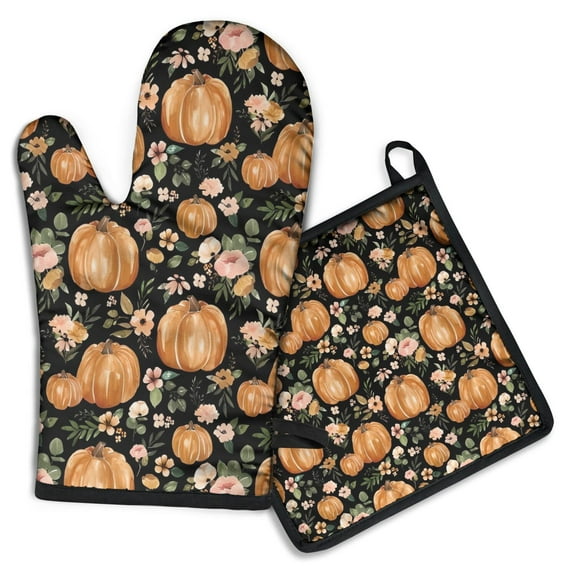 Fall Pumpkins and Flowers Pattern Kitchen Oven Mitt and Pot Holder Sets 2 Pcs for Baking, Cooking and Grilling, Heat Resistant Up To 392 °F